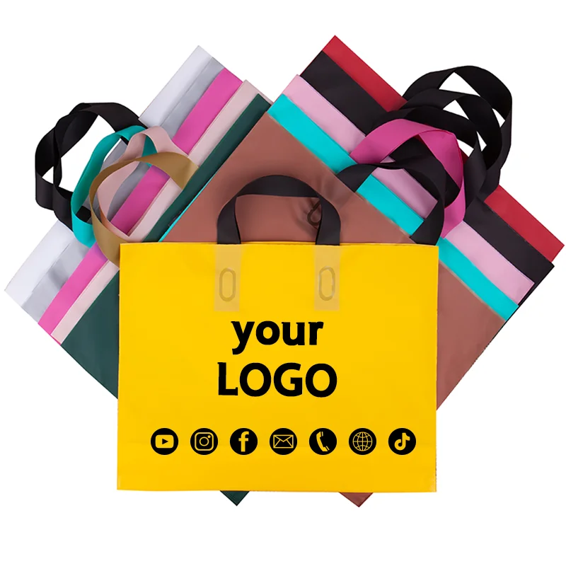 

50 PCS Custom Logo Colorful Shopping Bags with Handles Plastic Gift Bags Product Packaging Small Business Custom Printed Logo