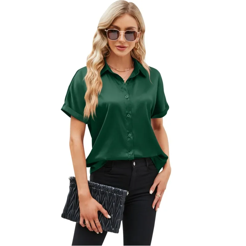 بلوزة نسائية بيضاء سادة قطع علوية مكتب سيدة العمل الشيفون زر 2023 الصيف قصيرة الأكمام الأخضر الأحمر الإناث البلوزات قمصان فام