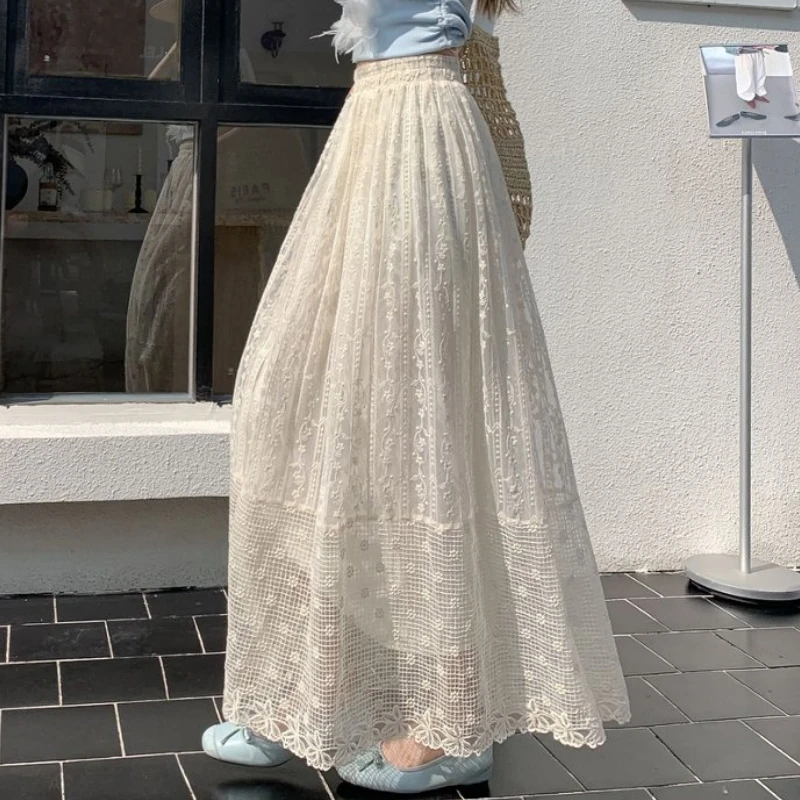 Embroidery Maxi Long Skirts For Women Spring Summer French Chic Lolita Elastic High Waisted A-Line Crochet Lace Skirt