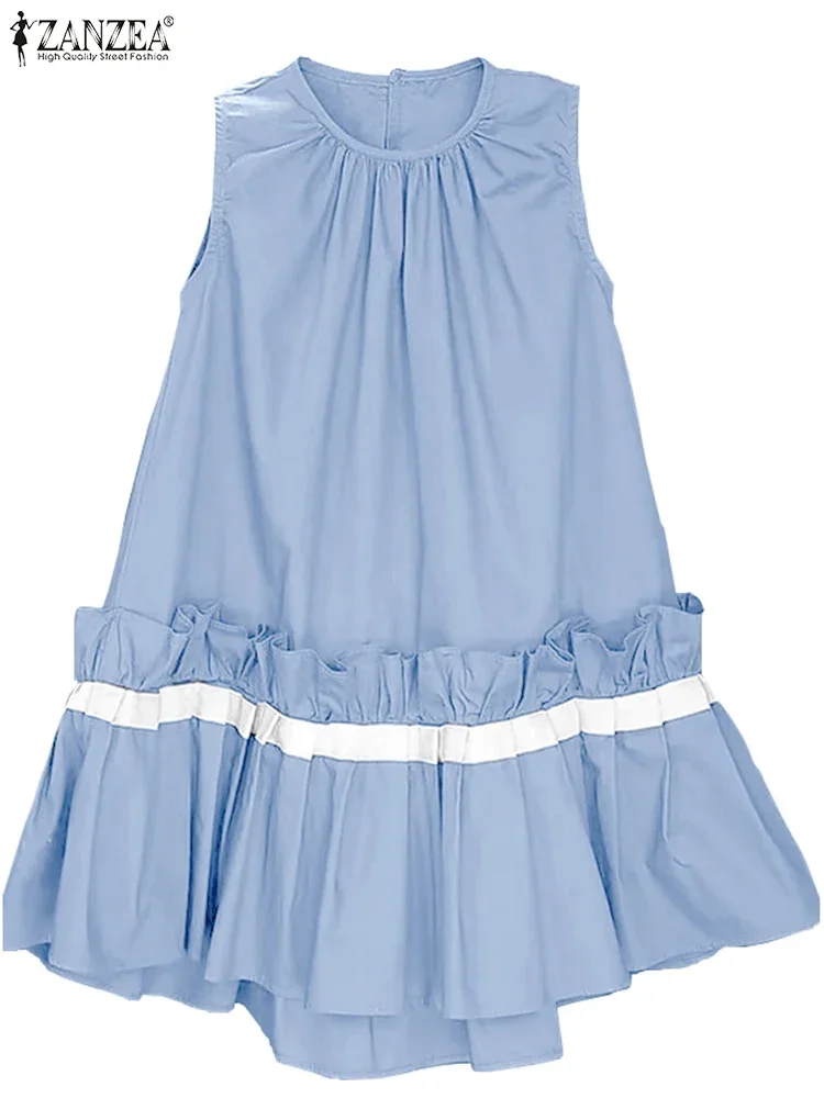 ZANZEA été sans manches Robe débardeur mode volants couture plissée Robe 2025 col rond Mini Robe décontracté coréen Sweety Robe d'été