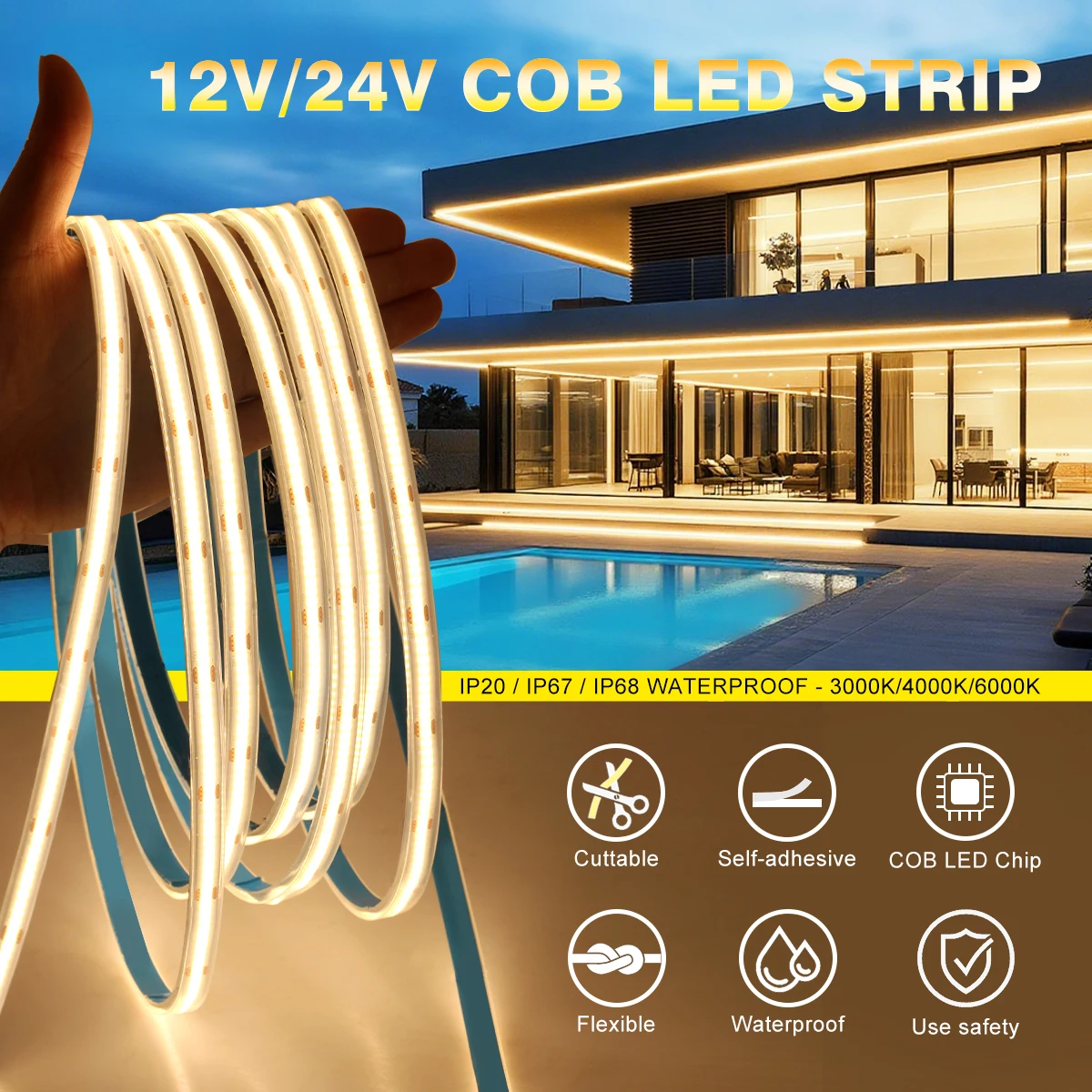 3000K/4000K/6000K Flexible LED Light Strips, 12V/24V COB Waterproof High-Density Linear Lighting Strips - Easy To Install