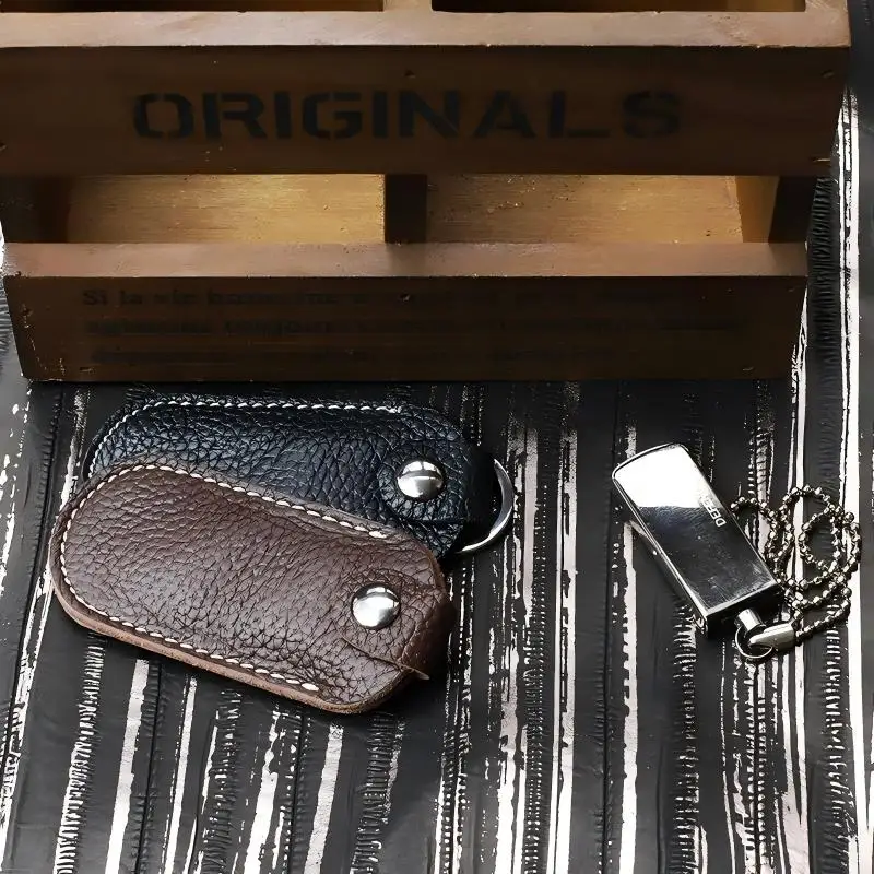 Genuine Cowhide Leather U Disk Pouch Protective Cover Storage Bag USB Flash Drive Memory Stick Case Key Ring Holder Accessories