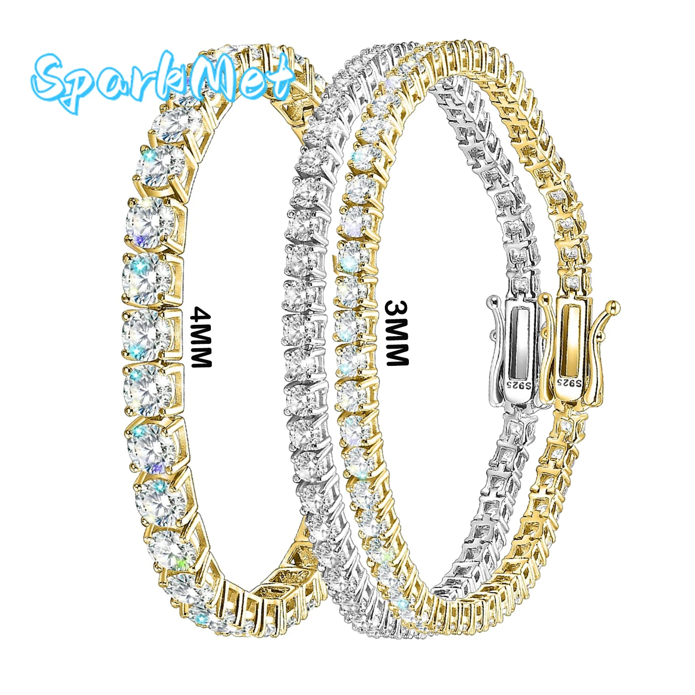 

SparkMet 100% 3-4 мм полный муассанит теннисный браслет для женщин и мужчин с сертификатом пройденный тест на бриллианты ювелирные изделия подарок S925 серебро