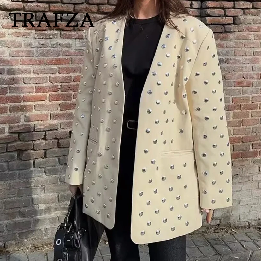 

TRAFZA Chic Beige Rivet Woman Office Lady Blazer Streetwear Vintage Jacket Fashion 2025 Autumn Elegant High Street Mujer Outwear
