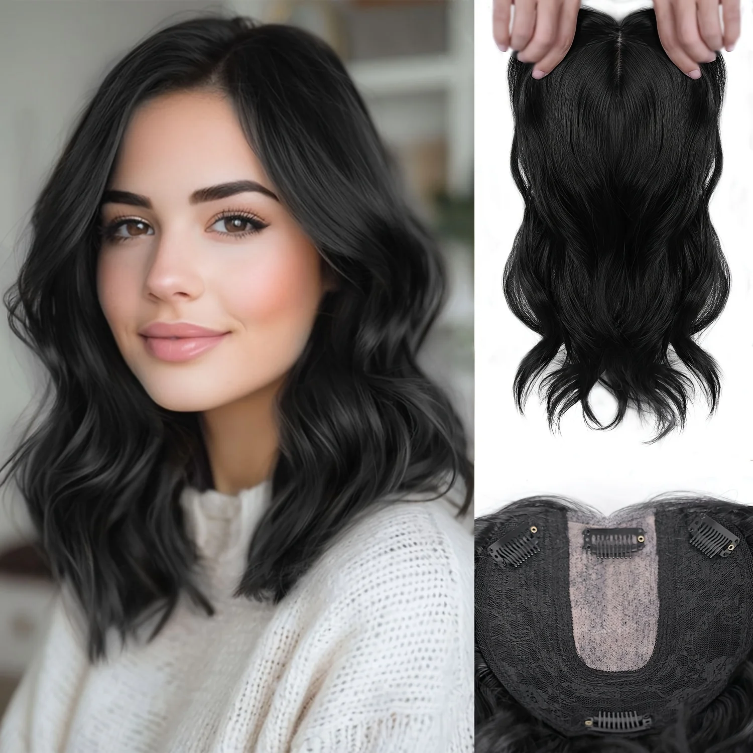 숱이 적은 여성용 합성 헤어 토퍼 - 14인치 6*6인치 다크 브라운 하이라이트 포함 물결 모양 클립인 토퍼(뱅 포함)