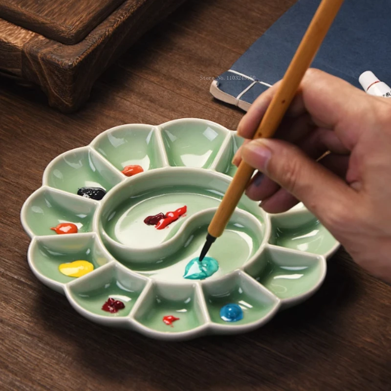 

Hand-made Celadon Palette Plum Blossom Watercolor Pallet Jingdezhen Ru Kiln High-quality Ceramic Plate/Pen Holder Art Supplies