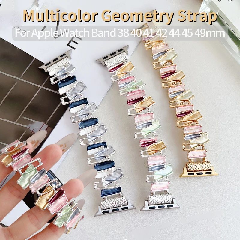 

Multicolor Geometry Metal Strap for Apple Watch 9 8 7 6 5 Ultra 2 Bohemia Elastic Bracelet for IWatch 38 40 41mm 42 44 45mm Band