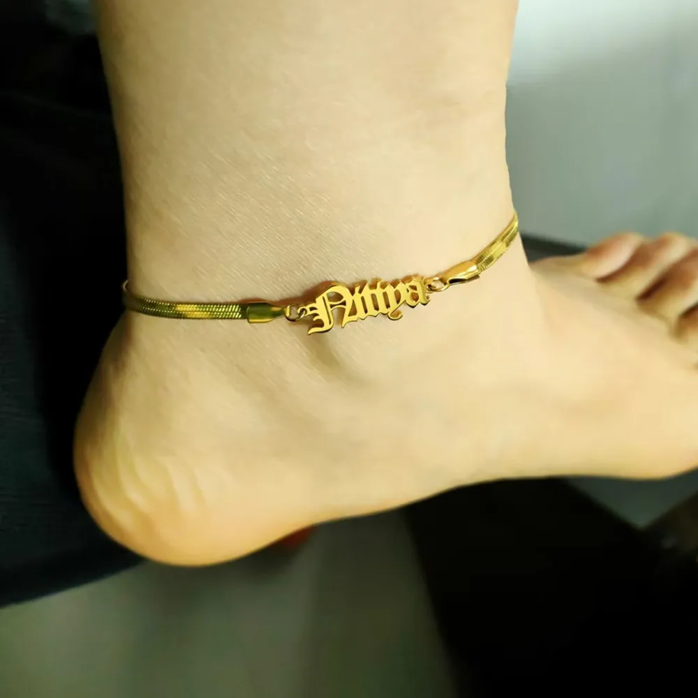 

Custom Name Anklets Snake Chain Stainless Steel Nameplate Foot Body Ankle Jewelry Personalized Herringbone Chain Leg Bracelets