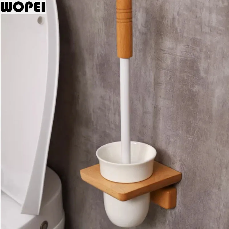 Bathroom Wood Toilet Brushes Ceramic Base Toilet Brush Holders Wall-mounted Brushes No-punch Wall-mounted Cleaning Brush Set