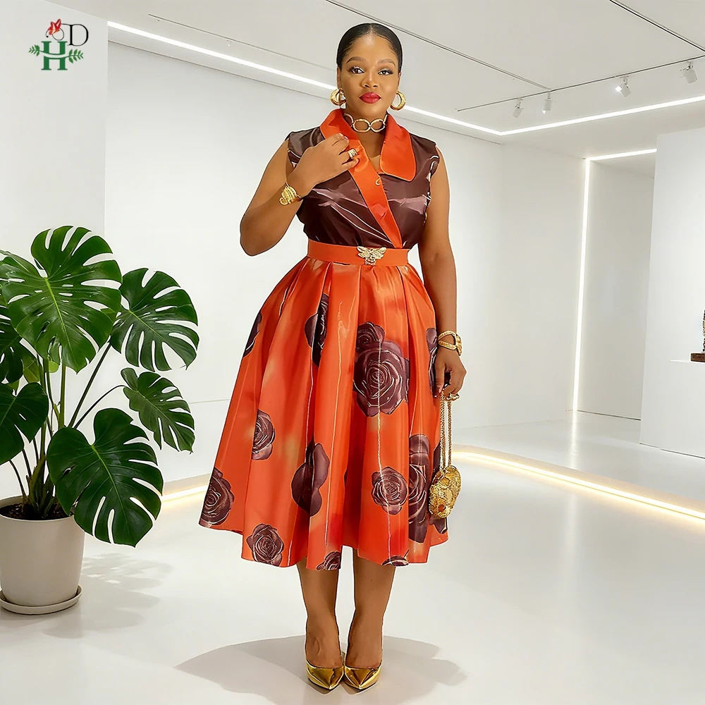 

2025 Plus Size African Women's Sleeveless Midi Dress with Contrast Collar & Belt Rose Print Satin Dress For Parties Weddings New