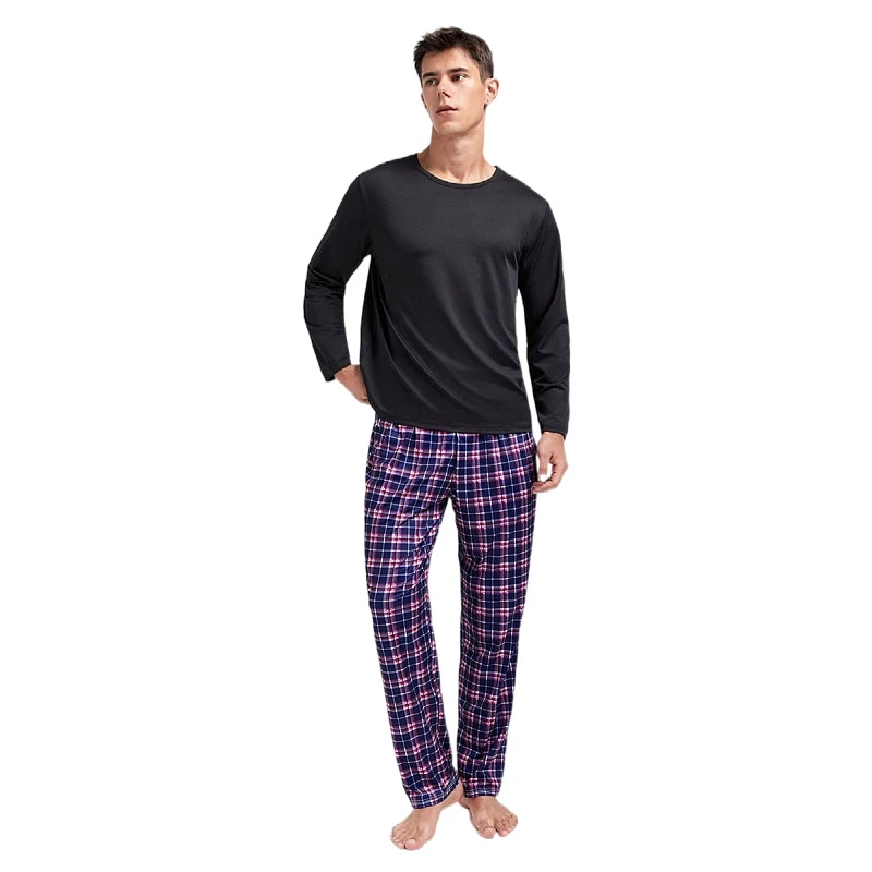 Men's Plaid 2Pcs Pajama Set Plus Size Outfit With Checkered Prints Long-Sleeve And Pant Great for Night Rest Or Leisure Weekends