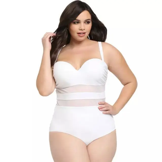 Plus Sizes Swimwear 2021 One- Piece Push Up High Waist Crisscross Mesh Solid Color Monokini Swimsuits For Women Maillots De Bain