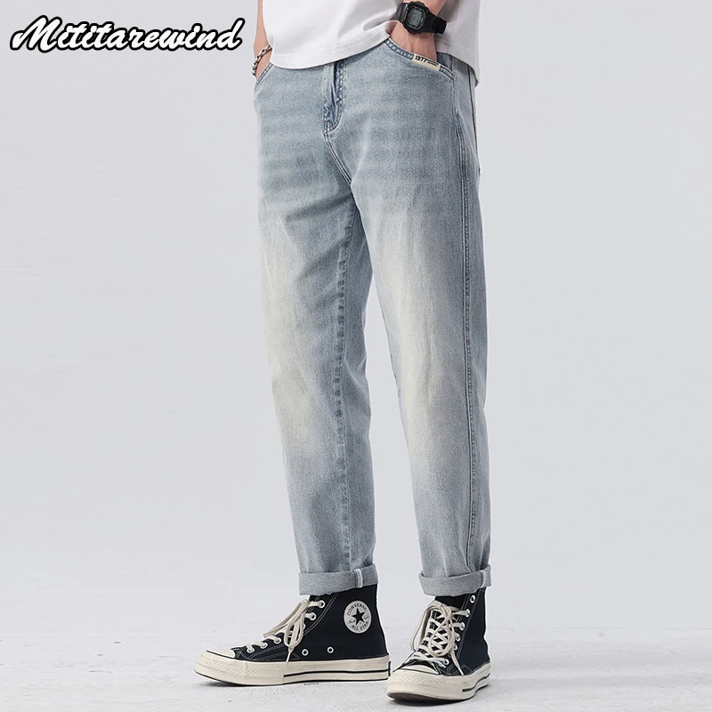 

Washed Distressed Jeans for Men Japanese Vintage Stretch Denim Pants Men Simple Trousers Loose Casual Micro Harem Baggy Pants