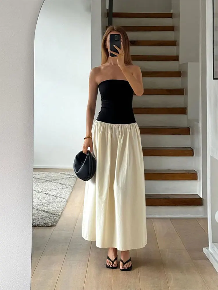 Elegant Off Shoulder Sleeveless Black White Pleated Maxi Dress Sexy Backless Slim Long Dress 2025 Women Chic High Street Vestdio