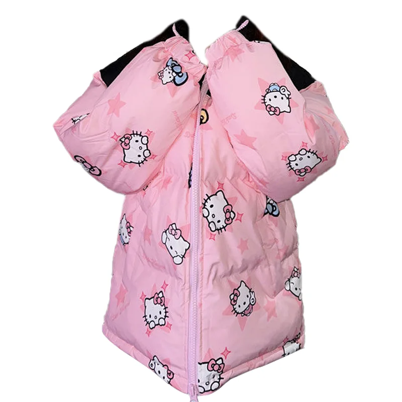 Casaco bonito e estampado Hello Kitty para mulheres, jaqueta acolchoada de algodão, Trendy Star, China-Chic, jaqueta de pão combinando, roupas de inverno, nova