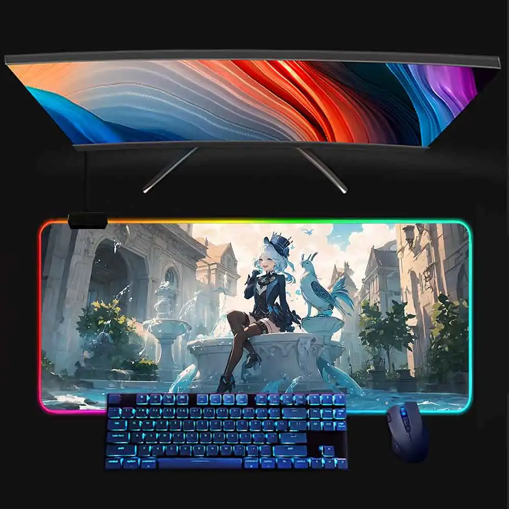 Genshin Impacts Furina Anime RGB Pc Gamer Keyboard Mouse Pad Mousepad LED Glowing Mouse Mats Rubber Gaming Computer Mausepad