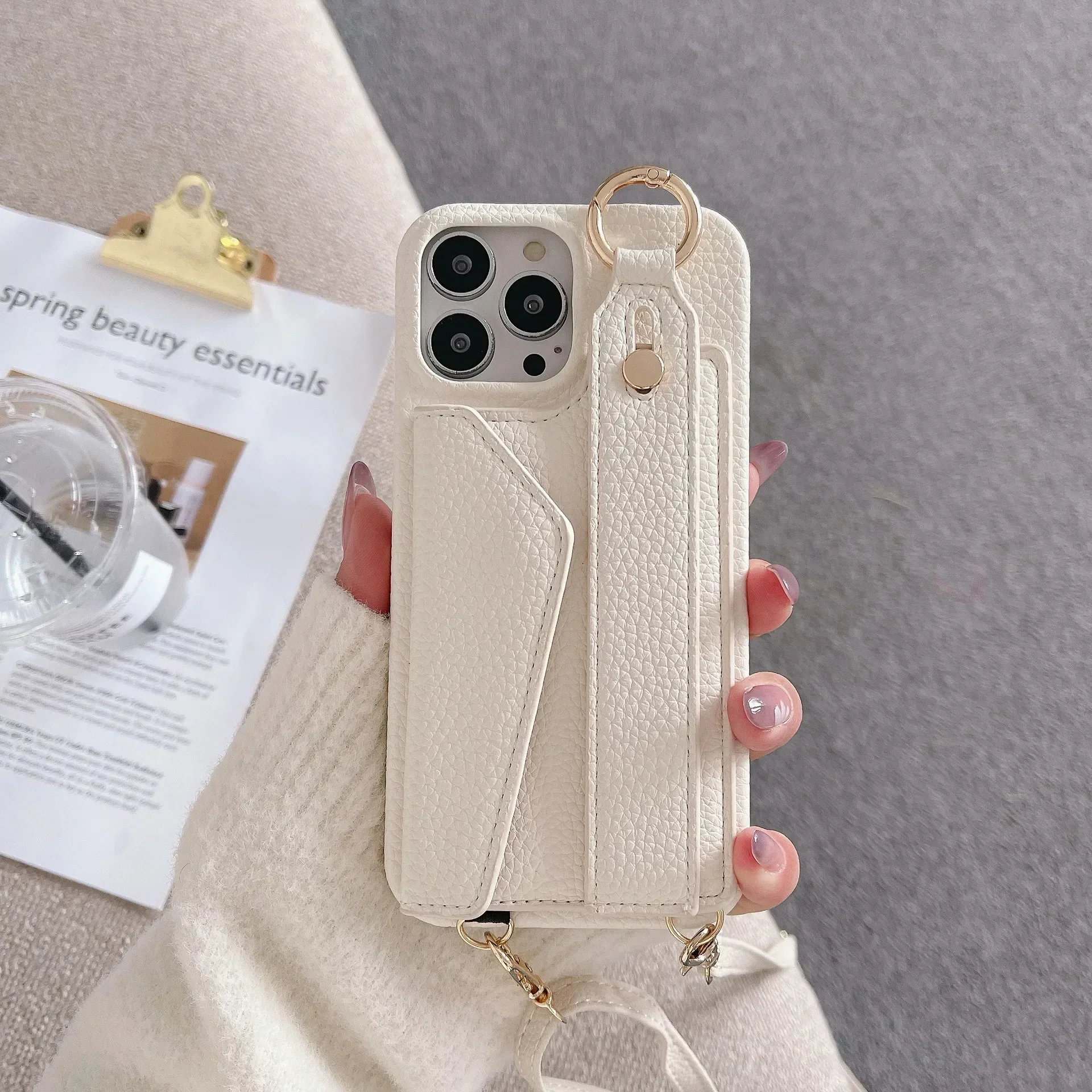 Ring-Crossbody-Handgelenkriemen-Brieftaschen-Lederhülle für iPhone 17 16 15 14 13 12 11 Pro Max Handyhülle mit Kartenfach und Lanyard – Detail 16