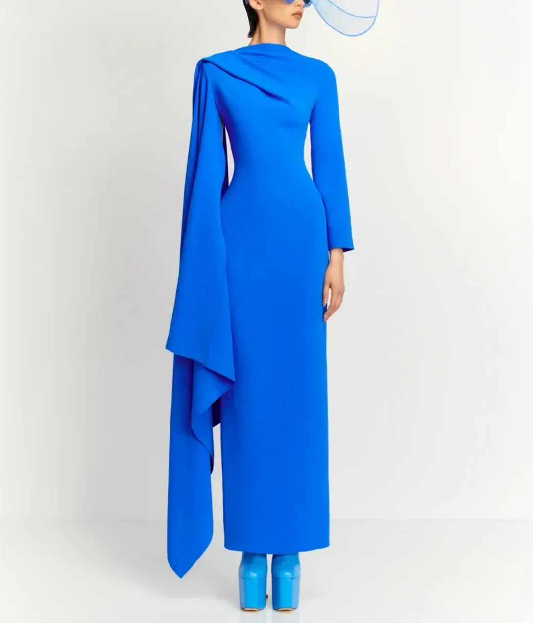 

Customized Elegant Royal Blue Evening Dresses with Slit/ Long Sleeves Sheath Ankle Length Prom Dress Party Dresses for Women