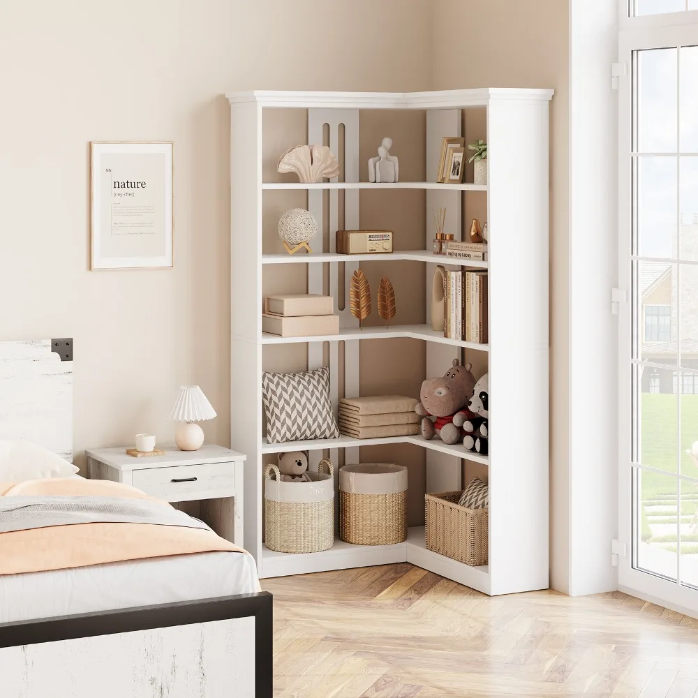 رف كتب مفتوح للمزرعة مقاس 72.8 بوصة، خزانة كتب زاوية مكونة من 5 طبقات من الخشب على شكل حرف L #5