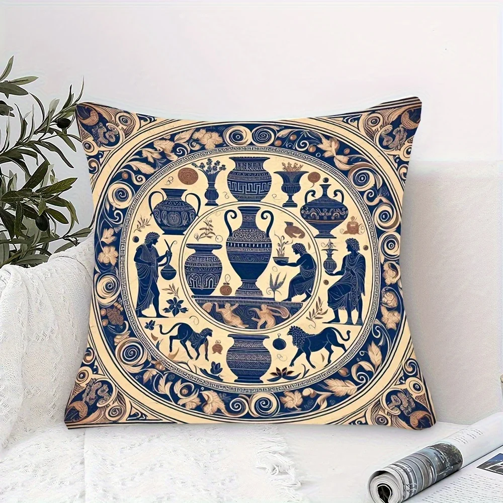Doppelseitiger Kissenbezug mit antikgriechischer Vase, blau-beige, Mythologie-Kunstdruck, dekorativer Kissenbezug für Boho-Heimdekoration