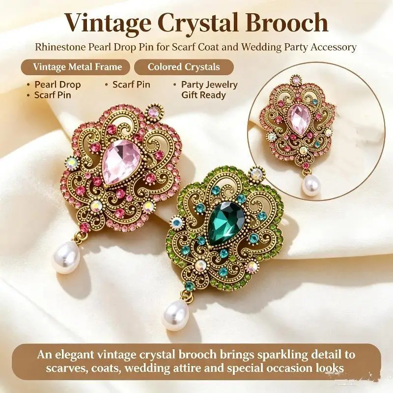 Gold Plated Flower Brooches Faux Pearls Sparkly Rhinestones For Wedding Formal