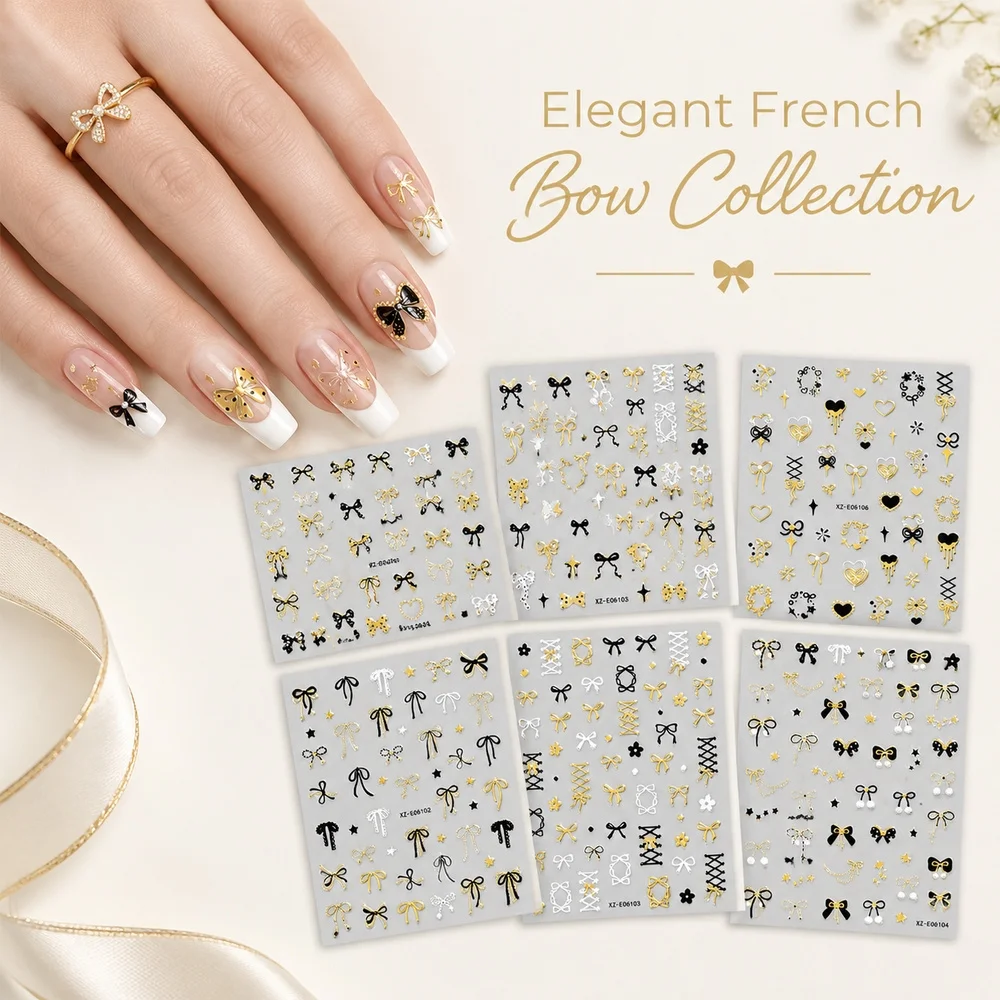 6Pcs Party Cosmetic Nail Art Sliders Gold Black Bow Heart Design Nail Stickers For Women Daily Manicure Nail Embellishments