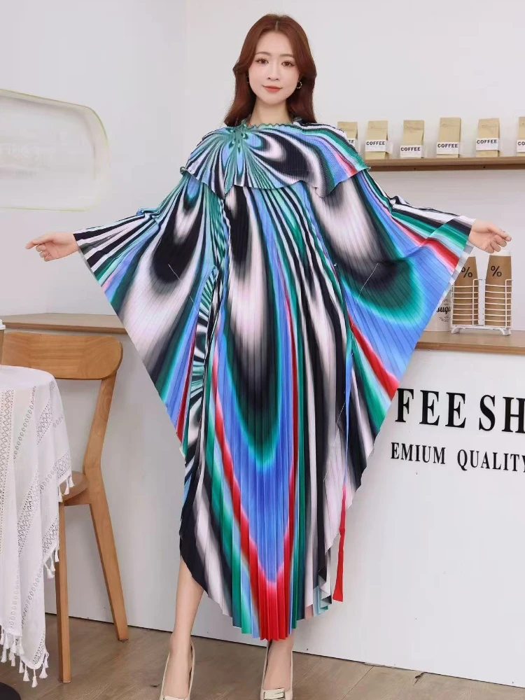 ANLAN 2025 Summer New Pleated Holiday Dress Batwing Sleeves Fashion Designer Printed Elegant Party Dresses for Women 9AN1976