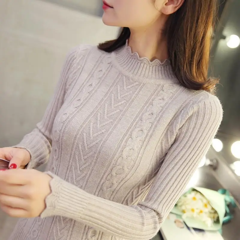 Autumn Winter Women\'s Clothing Korean Turtleneck Screw Thread Solid Color Pullover Paisley Sweater Knitted Long Sleeve Tops