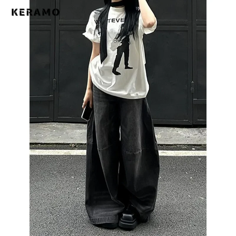 American Retro Wide Leg Grunge Streetwear Denim Trouser High Waist Oversized Jeans Women Casual Baggy Pocket Solid Y2K Pants