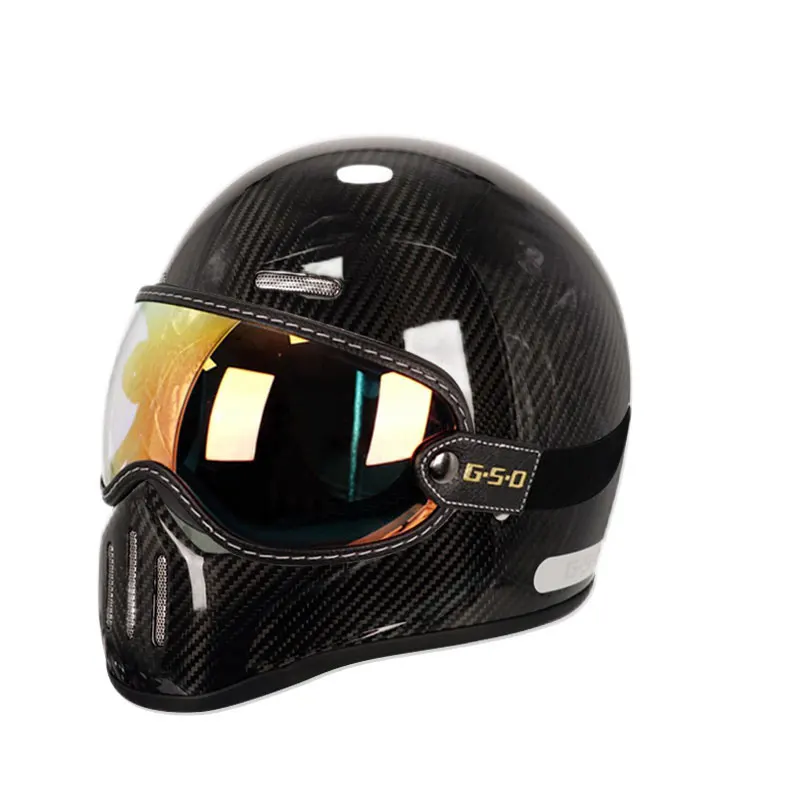 New Retro Carbon Fibre Full Face Helmet，Personality Lightweight Shell Locomotive Motorcycle Helmet With Wind Mirror Combination