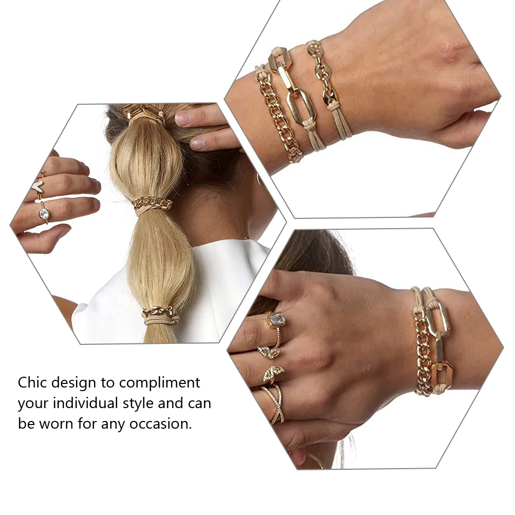 

3pcs Bracelet Hair Ties Elastic Wrist Bands Multi-Use Hair Accessories For Women Gold Silver Trendy Decorative Rope Daily Chic