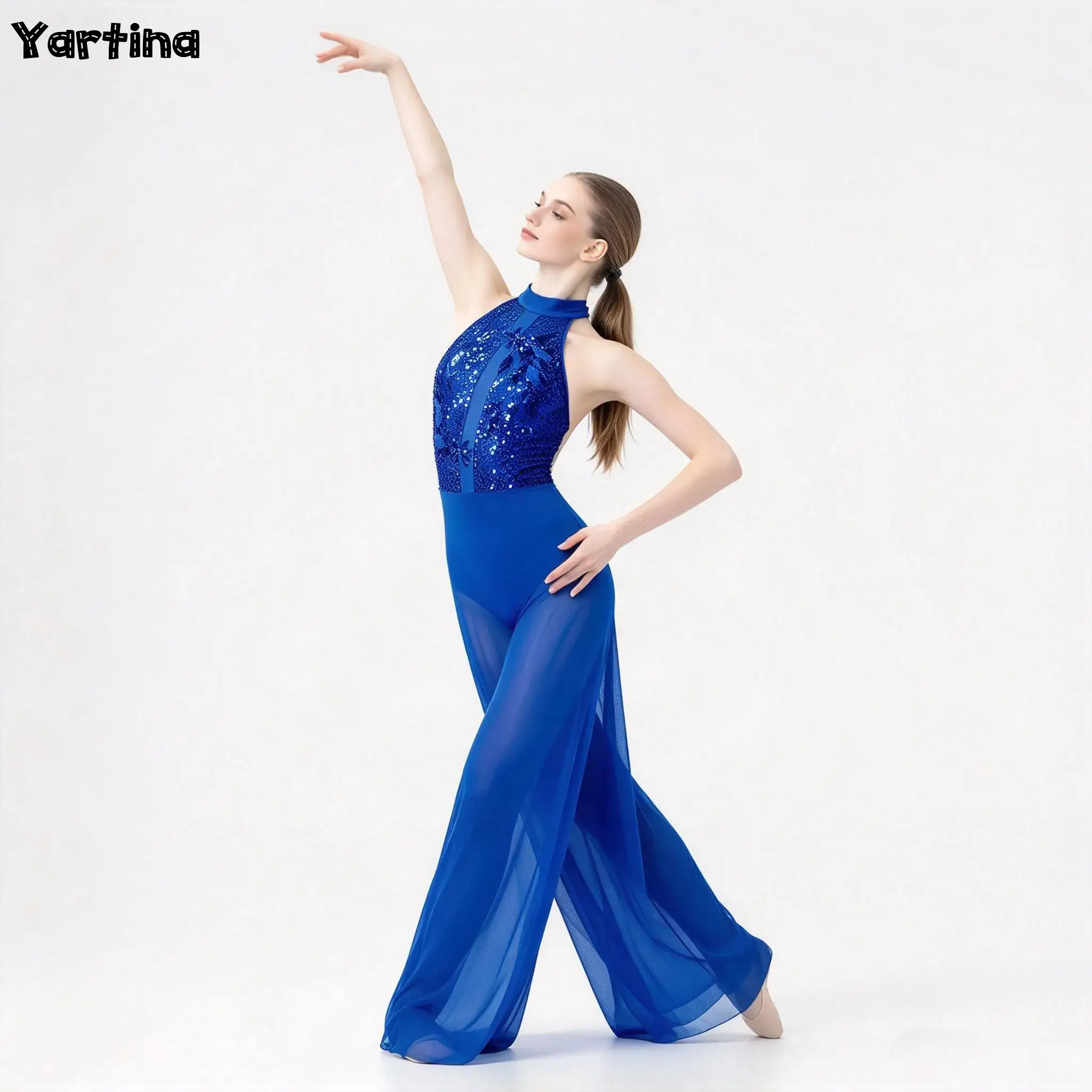 Women Halter Lyrical Dance Outfit Sequin Mesh Wide Leg Trousers Rompers Jumpsuit Modern Contemporary Dance Competition Costume