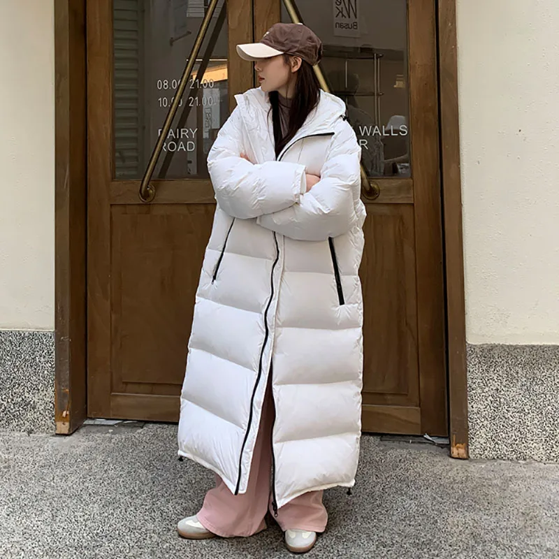 Long Solid Color Hooded Thicken Warm Down Jacket Fashion Korean Straight Style Simple Design Sense Women's 2023 Winter New Coat