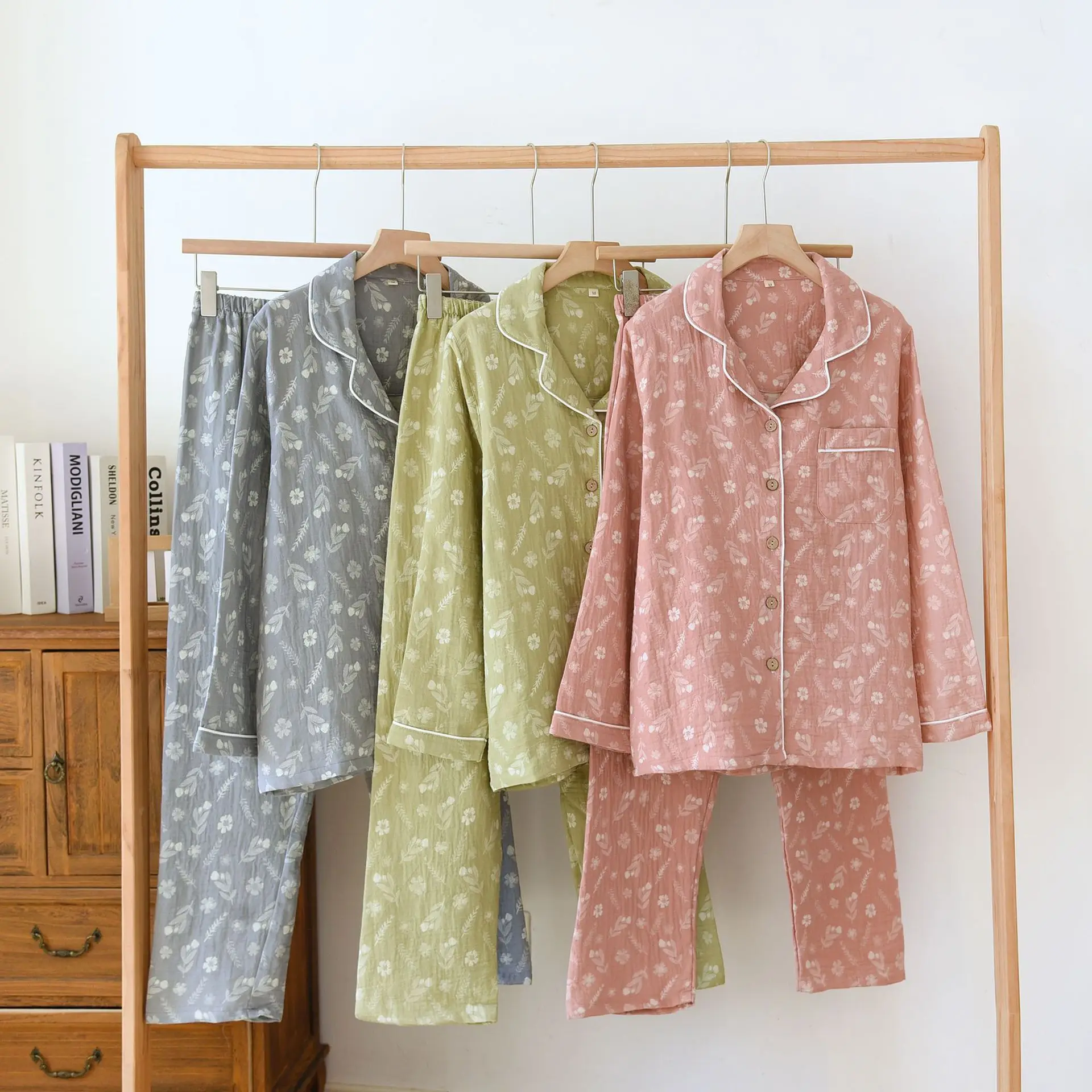 

Wholesale & Retail New Spring Summer 100% Cotton-colored Woven Jacquard Loungewear Thin Women's Long-sleeved Sweet Pajama Set