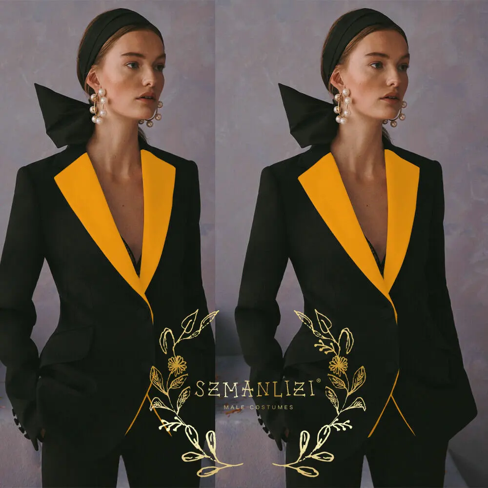 Black Women Formal Suit 2 Piece Notched Lapel Wedding Tuxedo Business Pants Suits Ladies Party Blazer Set Slim Fit Lady Dress