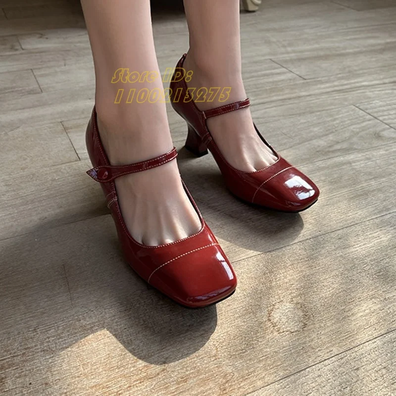

Red Retro Square-Toe Low-Heeled Shoes Mary Jane High Heel Patent Leather Strapped High Heels for Weddings Buckle Strap Newest