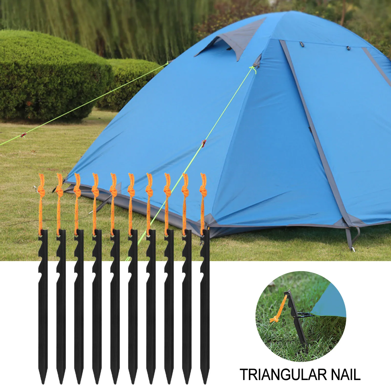 Tent Stakes 10 Pack Ultralight Tri-beam Tent Pegs With Reflective Rope Multi-tooth Triangular Floor Nails For Camping Rain Tarps