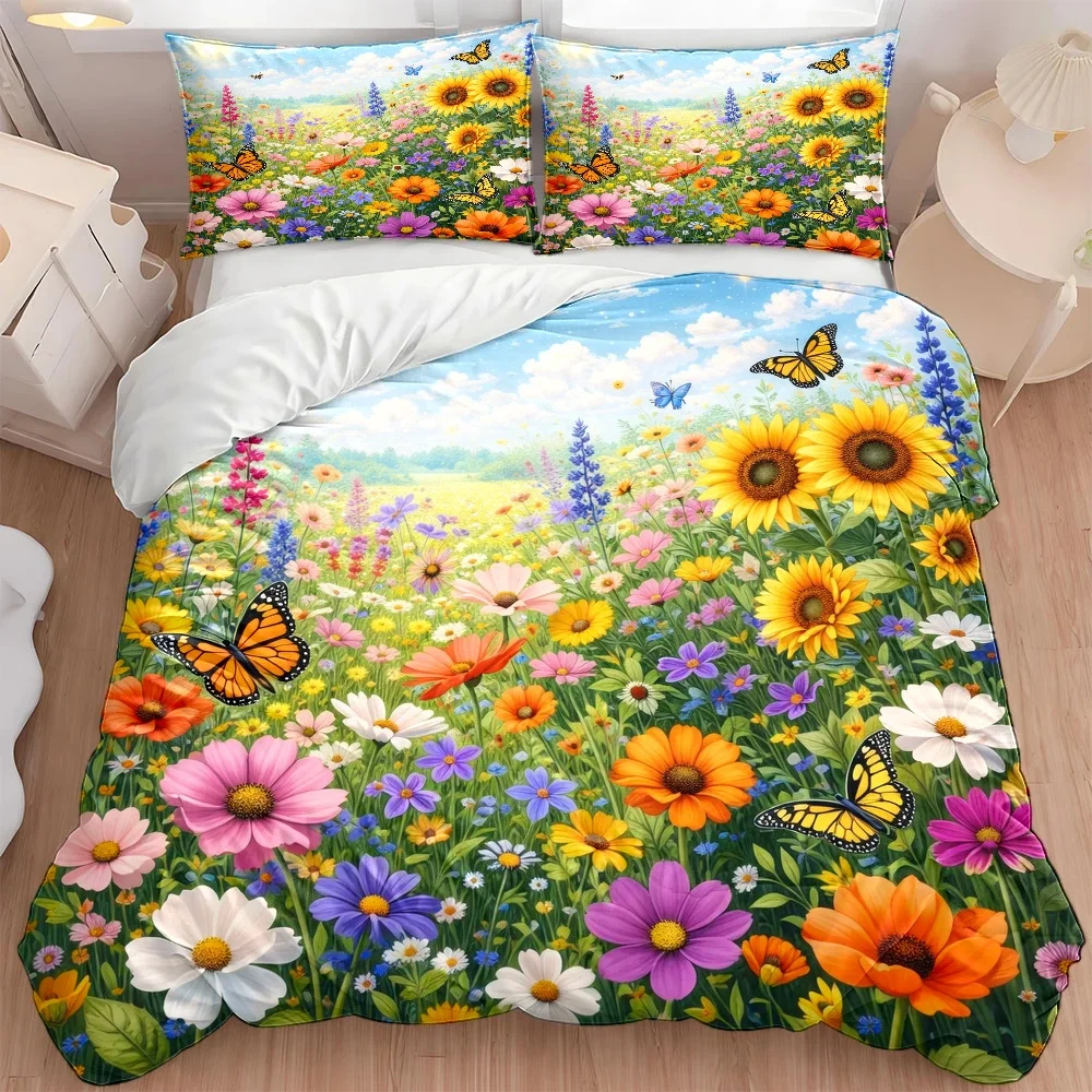 3Pc Dreamy Floral Butterfly Bedding Set (1*Duvet Cover + 2*Pillowcases), Large Duvet Cover Set for Single Bed, Suitable for All Seasons, Machine Washable, Invisible Zipper, Universal Bedding for Home, Dorm, Master Bedroom, Guest Room, Fresh Sunflower Floral Print Bedding Set, Colorful Butterfly Decorative Pastoral Style Duvet Cover Set, Soft, Skin-Friendly, Breathable Bedding Set, Cross-Border Hot-Selling American Country Style Bedding Set, 2D Flat Print