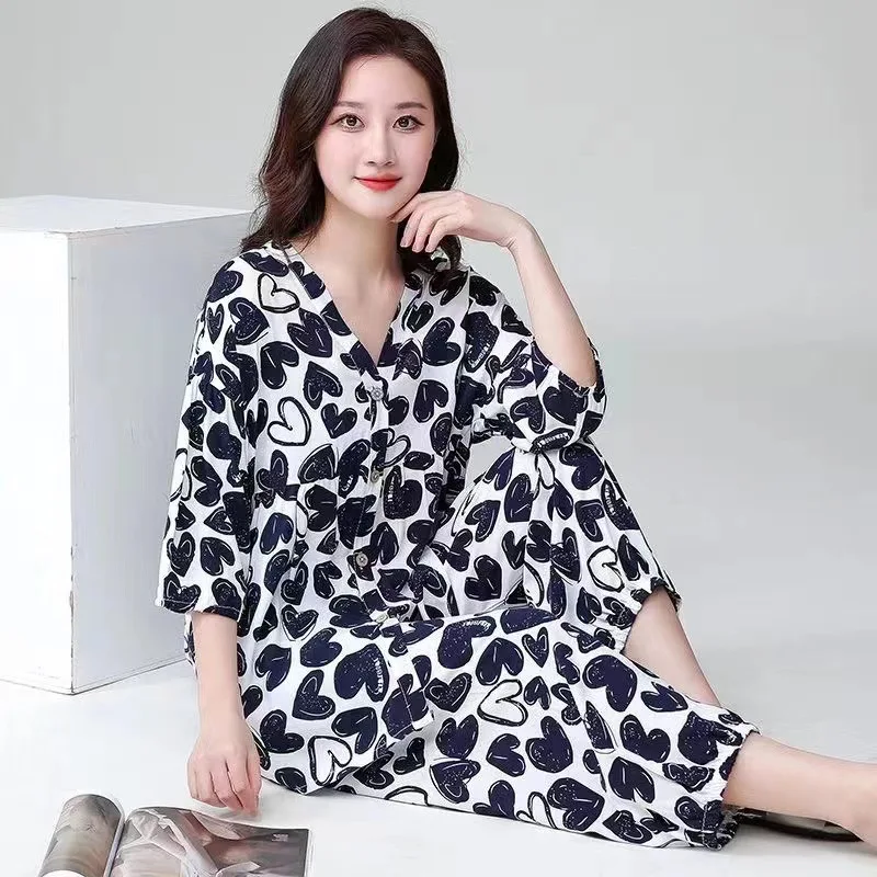 Women\'s Cotton Pajamas Summer Autumn Long-sleeved Trousers Sleepwear Loose Home Wear Print Nightwear Loungewear Pajamas Set