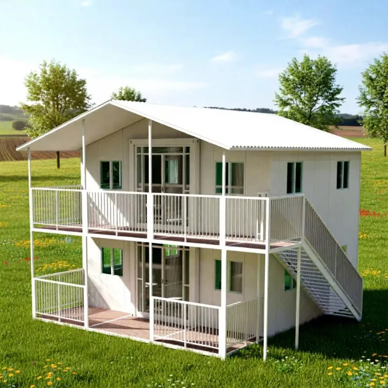 Expandable Folding House Color Steel Mobile Home With Pitched Roof Balcony Outside Staircase 20FT 2 Story Standard Tiny Home