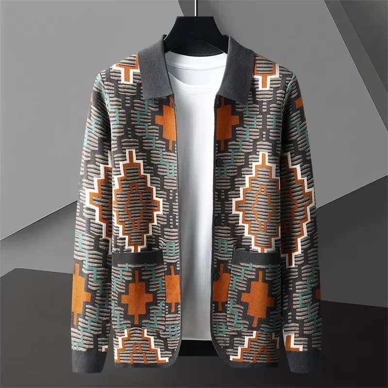 European American ethnic style retro jacquard sweater cardigan men's autumn designer new trend shawl casual lapel knitted coat