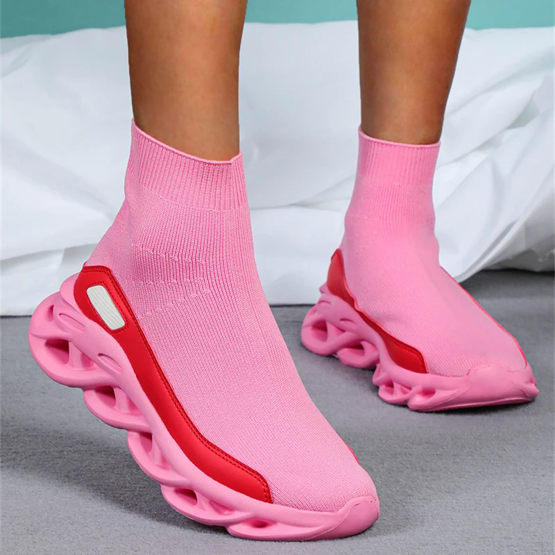 Modische rosa lässige Turnschuhe für Damen, große Größe 45, hohe Socken, Laufschuhe, Damen-Slip-On-Turnschuhe, leichte Sportschuhe für Herren