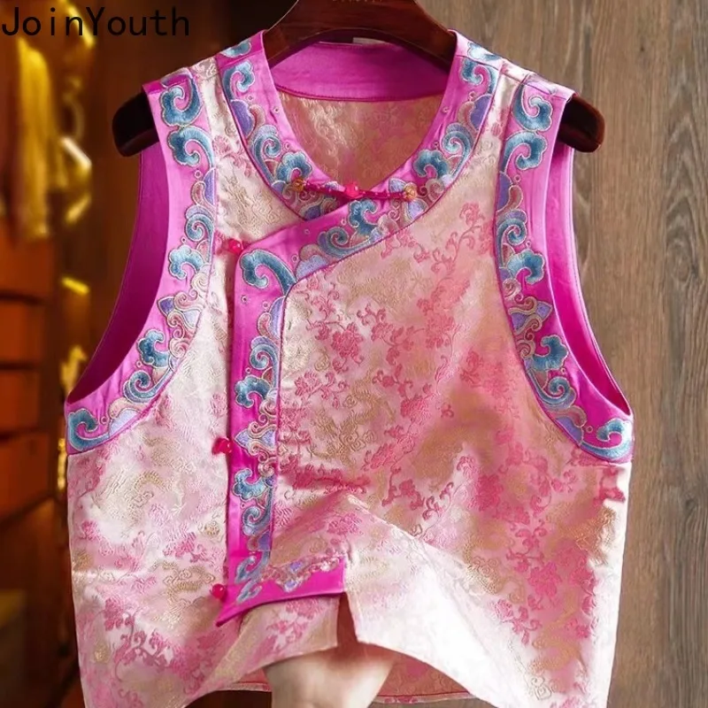 Pink Women Tanks Vintage Print Satin Chic Waistcoat 2024 Ropa Mujer O-neck Sleeveless Loose Vest Crop Tops Chinese Style 27u370