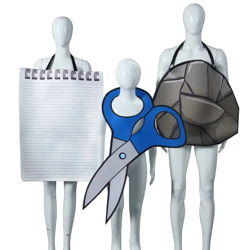 

Stage costumes, funny rocks, scissors, paper aprons, Halloween cosplay costumes, adult women, men, activity atmosphere, dressing