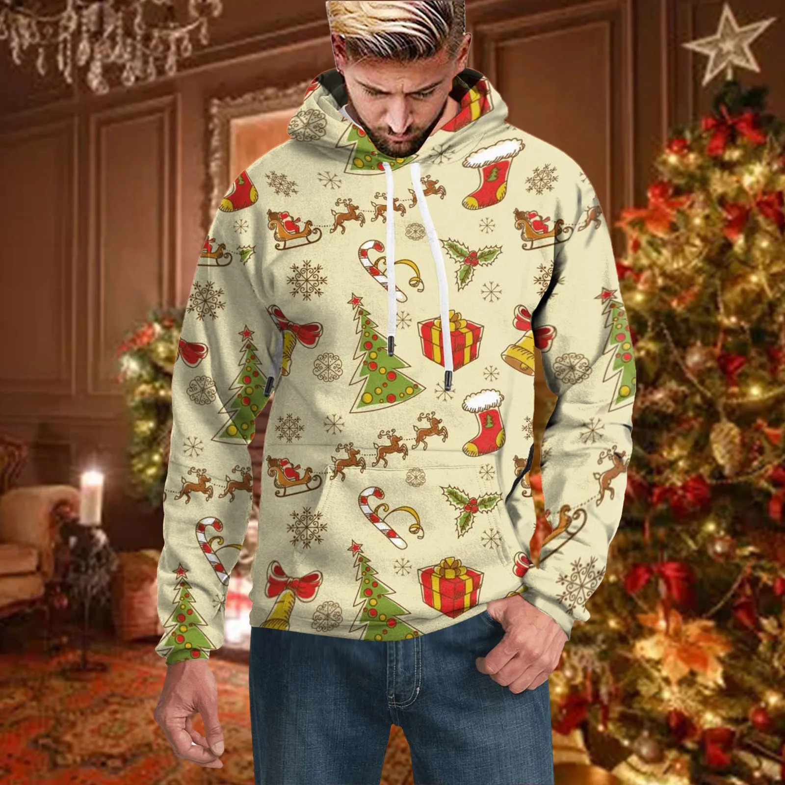 

Men's Christmas Printed Hooded Autumn And Winter Long Sleeve Soft Warm Outwear Top Novelty Fashion Sports Hoodies