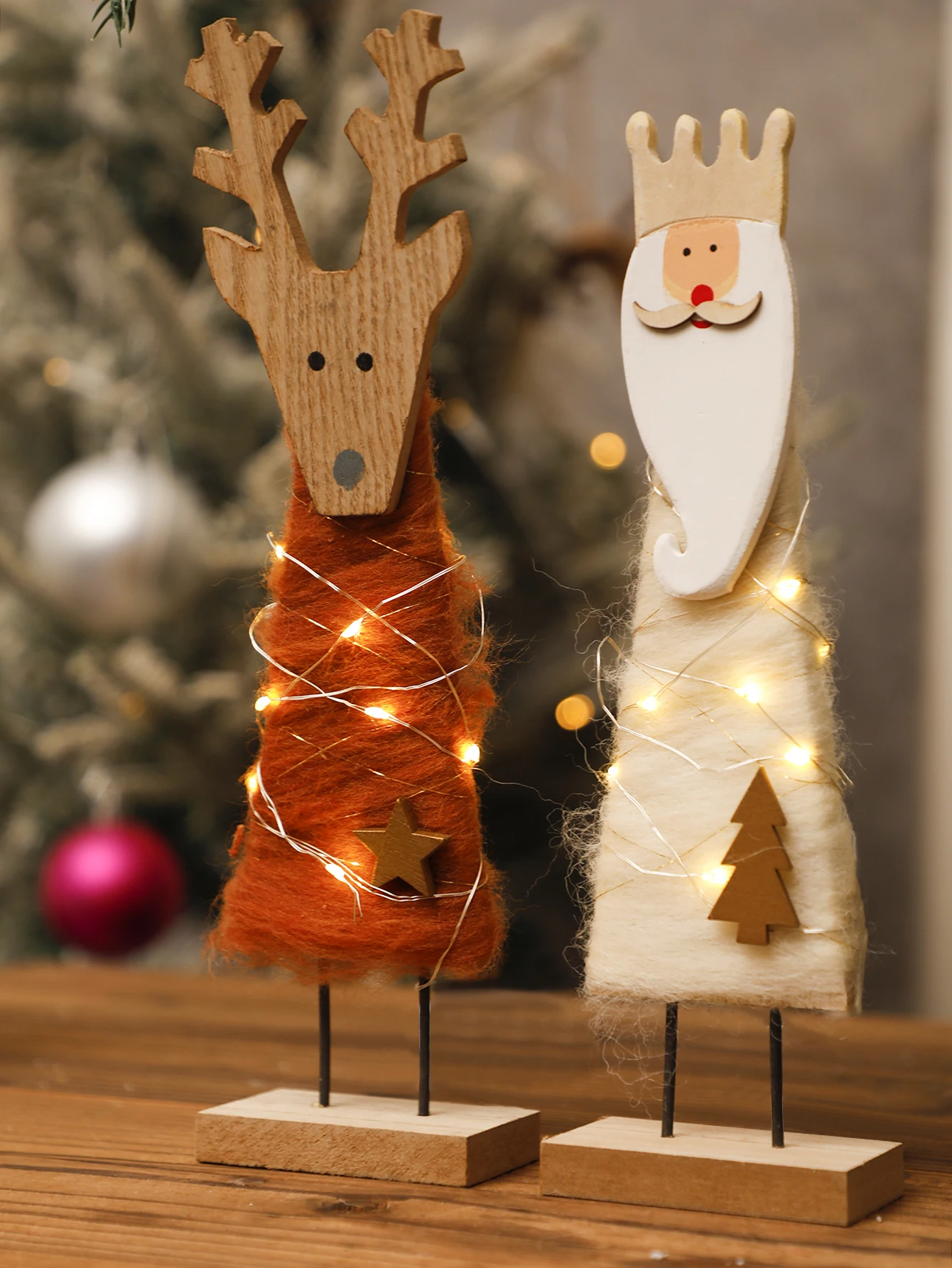 Wooden Christmas Ornaments Fawn Snowman Star Ornaments Holiday Home Decor Bedroom Christmas Supplies (Note: without batteries)