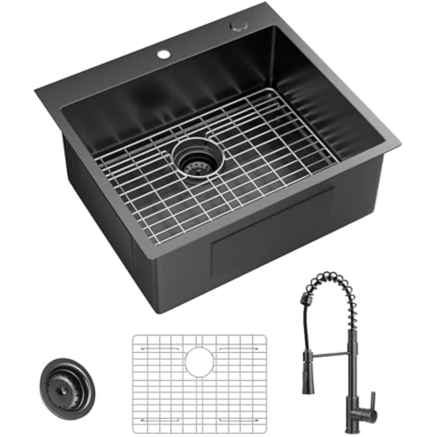 

Gunmetal Black Stainless Steel 25 in. 18 Gauge Single Bowl Dual Mount Kitchen Sink with Black Spring Neck Faucet