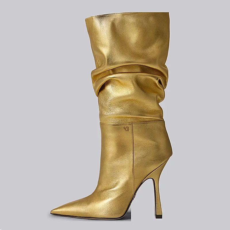 

2025 New Leopard Print Mid-tube Boots Profiled High Heel Side Zipper Boots Women's Gold Black Pointed Toe Pleated Boots
