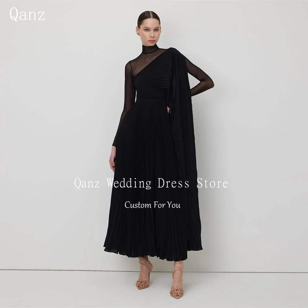 

Qanz Black Chiffon Evening Party Dresses Pleats Special Occasion Prom Gowns Trendy Formal Event Dress Sheer Vestidos Customized