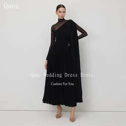 Qanz Modern Black Chiffon Evening Party Dresses Pleats Special Occasion Prom Gowns Trendy Formal Event Dress Sheer Vestidos